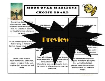 Moon Over Manifest Choice Board Novel Study Activities Book Project Tic