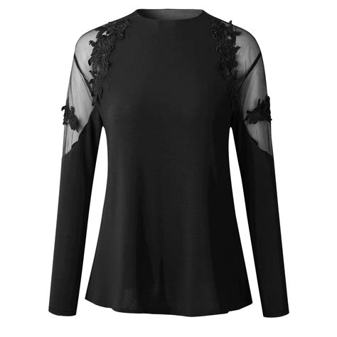 Sexy Black Lace Blouse Women Stand Collar Long Sleeve Sheer Top Shirt