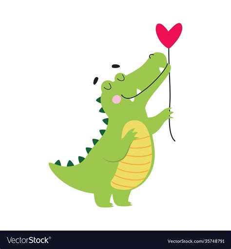 Cute Crocodile Holding Heart Shaped Balloon Funny Vector Image On