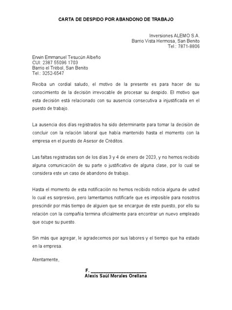 Carta De Despido Por Abandono De Trabajo Pdf