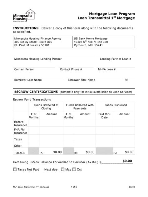 Fillable Online Mnhousing Loan Transmittal St Mortgage Minnesota