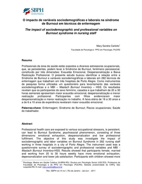 Pdf Fatores De Risco Da S Ndrome De Burnout Em T Cnicos De Enfermagem