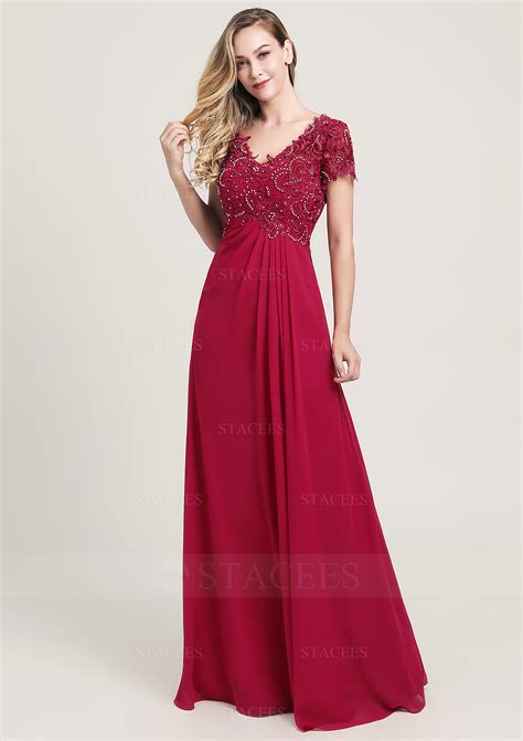 Short Sleeve V Neck Long Floor Length Chiffon Prom Dresses With Ruffles