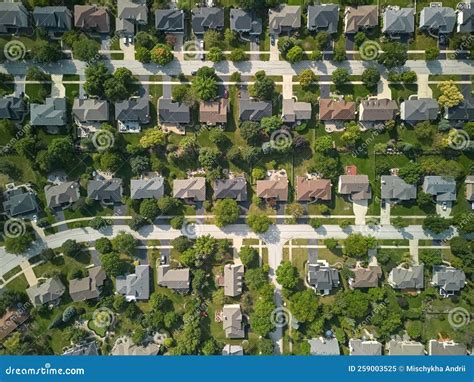 Drone Wide View Of American New Suburb At Summertime Establishing Shot