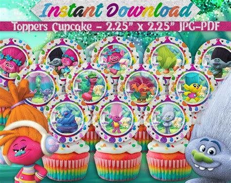 12 Trolls Cupcakes Toppers Instant Download Printable Trolls Etsy