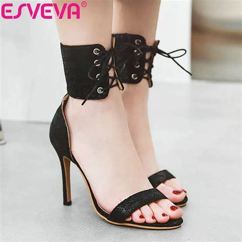 ESVEVA 2019 Women Sandals Shoes Elegant Sandals Thin High Heels Lace Up