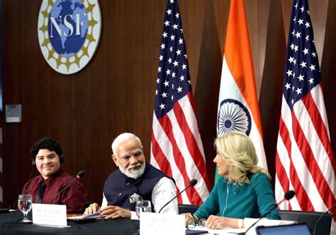 Indias Prime Minister Narendra Modi Speaks As Us First Lady Jill Biden