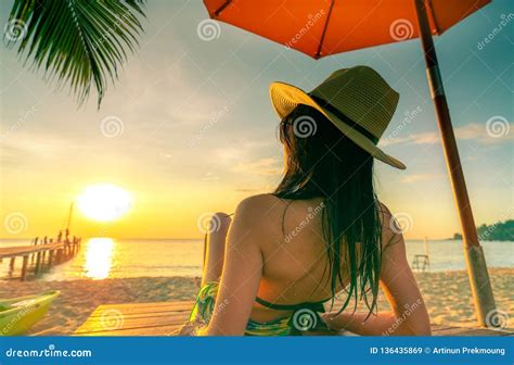 Sexy Enjoy And Relax Caucasian Woman Wear Bikini Lying And Sunbathing