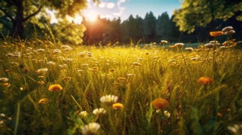 Premium AI Image A Field Of Flowers With The Sun Shining On It