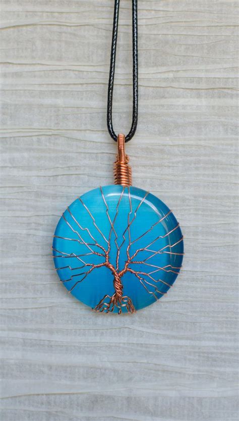 Copper Wire Wrap Tree Of Life Pendant Blue Cats Eye Glass Pendant Wire