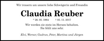 Traueranzeigen Von Claudia Reuber Saarbruecker Zeitung Trauer De