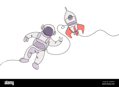 One Single Line Drawing Of Astronaut In Spacesuit Floating And