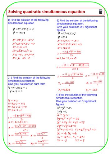 Solving Simultaneous Quadratic Equations Teaching Resources