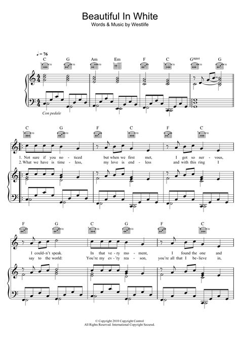 Boyzone "Beautiful In White" Sheet Music for Piano, Vocal & Guitar ...