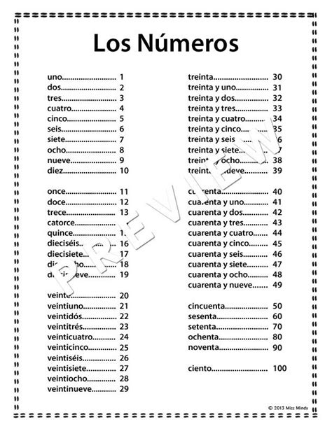 Printable Spanish Numbers 1 100