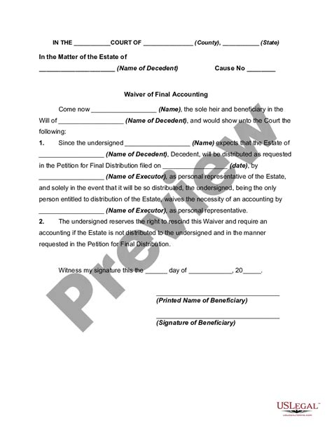 Colorado Waiver Of Final Accounting By Sole Beneficiary Waiver Of