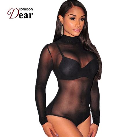 Comeondear Ra Sheer Mesh Hight Neck Body Femme Manche Longue