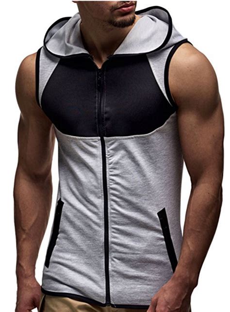 Mens Athletic Active Casual Blocks Sleeveless Hoodie Zip Up Vest Gym