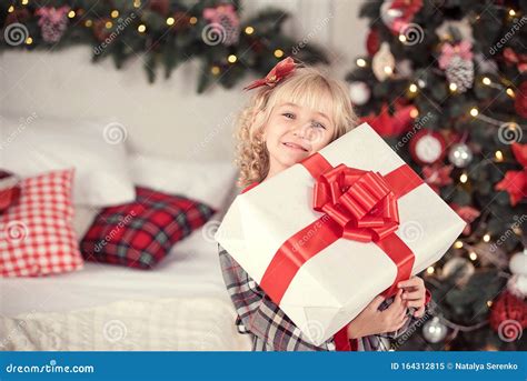 Happy Excited Girl Child Holding Christmas T Box Stock Image Image