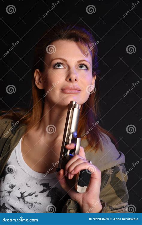 Woman With Gun Stock Photo Image Of Smiling Posing 92203678