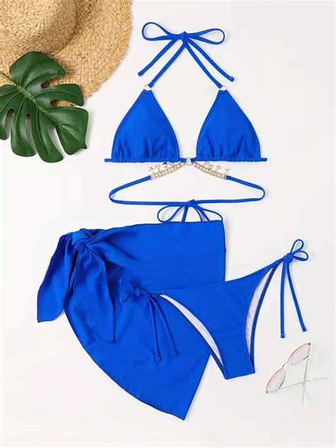 Halter Neck Bikini Sets V Neck Ring Linked Triangle Tie Back Temu