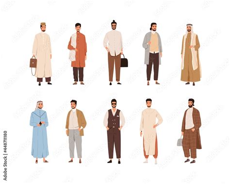 Set of modern Arabic men in Arab fashion clothes. Islamic people ...