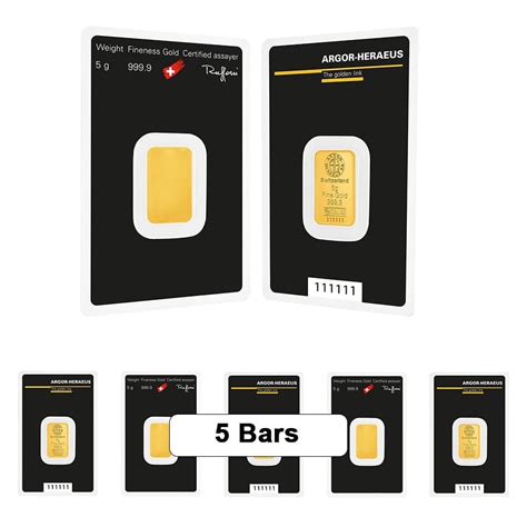 Lot Of 5 5 Gram Argor Heraeus Gold Bar 9999 Fine In Assay