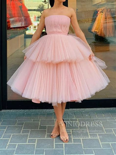 Strapless Tea Length Blush Pink Prom Dresses Layered Tulle Hoco Dress