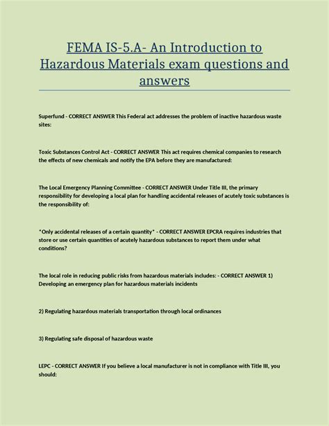 Fema Is A An Introduction To Hazardous Materials Exam Questions And