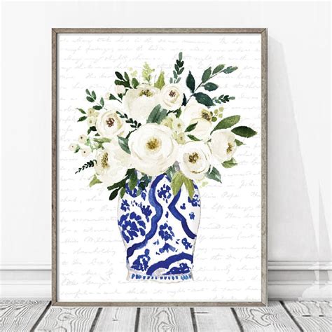 Blue And White Vase White Flowers Print Kitchen Bathroom Art Etsy