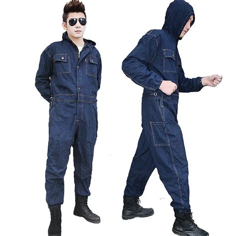 Mens Overalls Denim Work Clothing Hooded Coveralls Plus Size Labor Overalls For Worker Machine