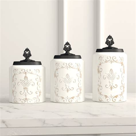 Home American Atelier 3 Piece White Fleur De Lis Canister Set Storage And Organization