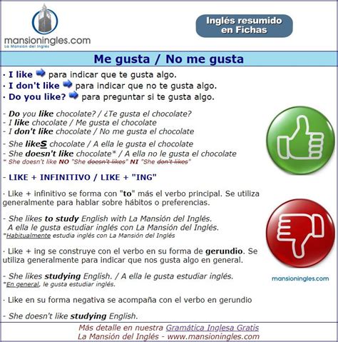 Me gusta No me gusta en inglés Ingles Cosas de ingles Palabras