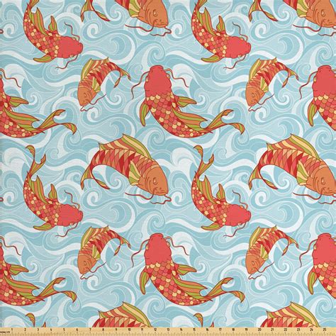 Fish Fabric By The Yard Colorful Japanese Koi Fishes Swimming In The