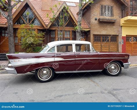 Old Red 1957 Chevrolet Chevy Bel Air Sport Sedan Two Door Parked In The