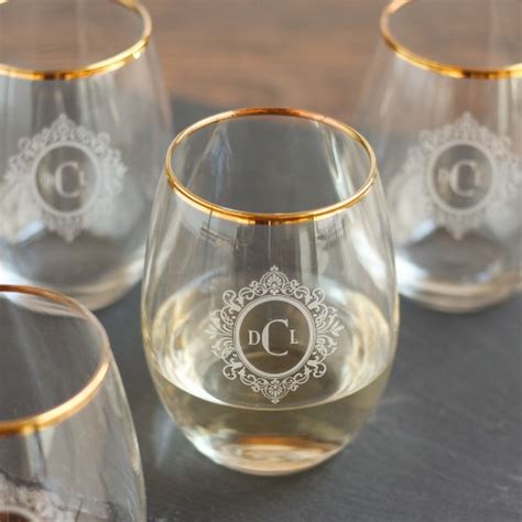 Personalized Gold Rimmed Stemless Wine Glass Set