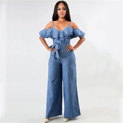 Buy Clocolor Denim Jumpsuit Women Ruffle Sexy Off