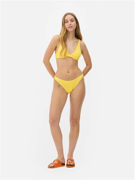 Women S Yellow Striped High Leg Crinkle Bikini Bottoms Primark