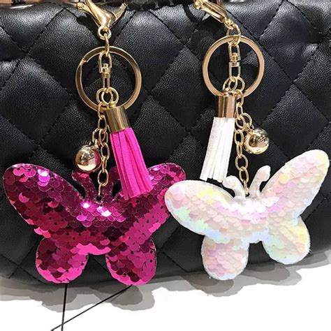 Fashion Colorful Sequin Small Butterfly Keychain Cartoon Bow Tassel