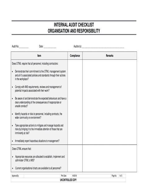 Fillable Online INTERNAL AUDIT CHECKLIST ORGANISATION AND Fax Email