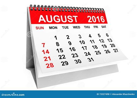 Kalender Augustus 2016 Het 3d Teruggeven Stock Illustratie