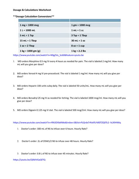 Medication Math Practice Worksheet