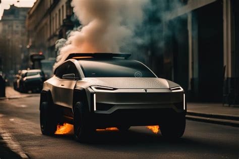 Electric Ev Suv Cyber Truck Pickup Burning In Flames As Batteries