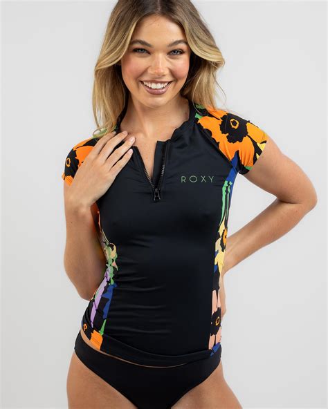 Shop Roxy Lycra Zip Cap Sleeve Rash Vest In Anthracite Flower