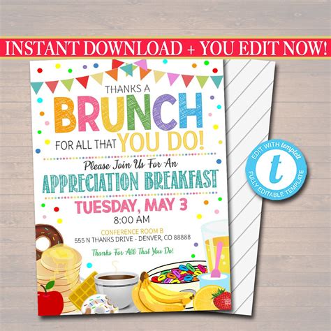 Thanks A Brunch Staff Teacher Appreciation Breakfast Invitation