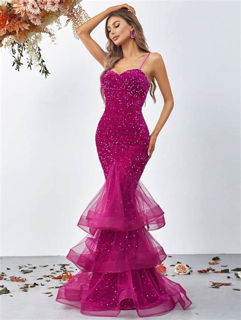 Style FSWD0174 Faeriesty Size M Prom Sequined Hot Pink Mermaid Dress