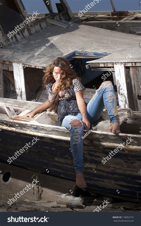 Portrait Sexy Brunette Woman Posing Shipwreck Stock Photo 118053772 Shutterstock