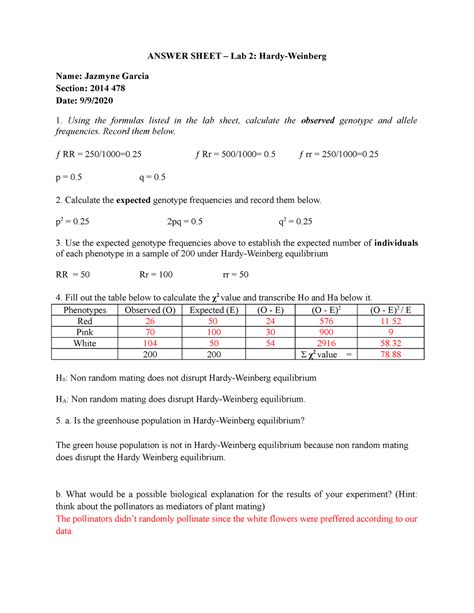 Hardy Weinberg Lab Pop Gen Lab Answer Sheet Lab Hardy Weinberg