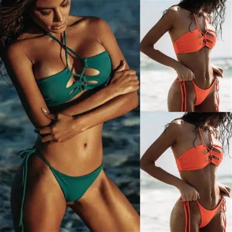 Mulheres Sexy Bandagem Cruz Bikini Set Push Tanga Acolchoado Swimwear