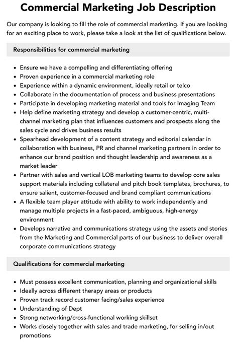 Commercial Marketing Job Description Velvet Jobs